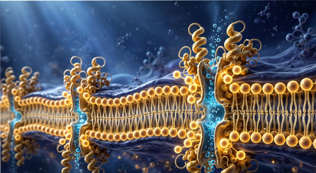 Abstract 3D render of cell membrane bilayer with glowing receptor channels and golden lipids