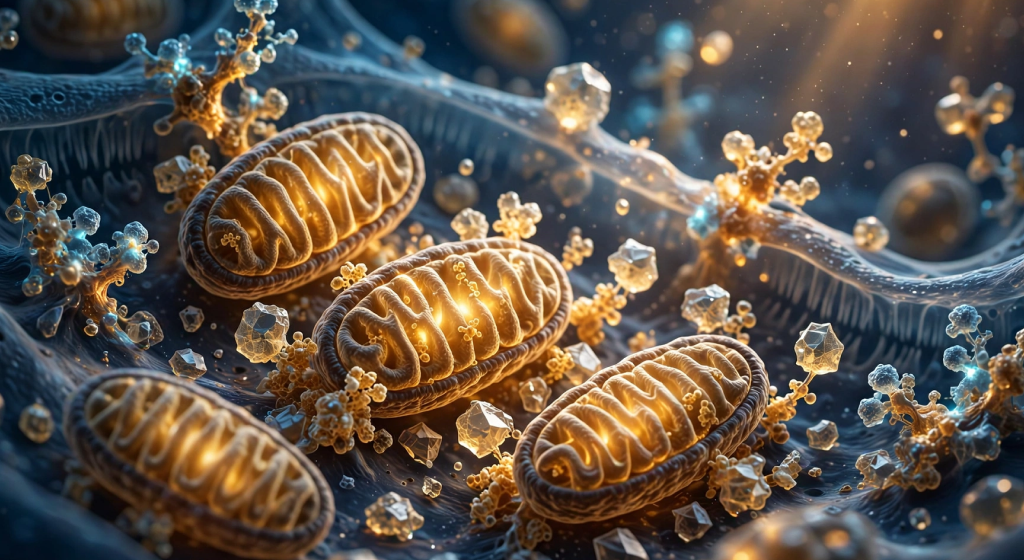 Glowing mitochondria and cholesterol micro-droplets interacting with protein receptors inside endocrine tissue