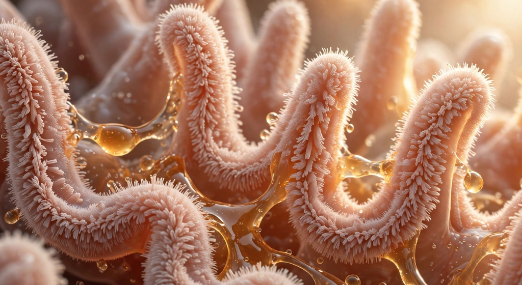 Microscopic cross-section of hepatic tissue with golden light liberating mineral nodes from protein clusters
