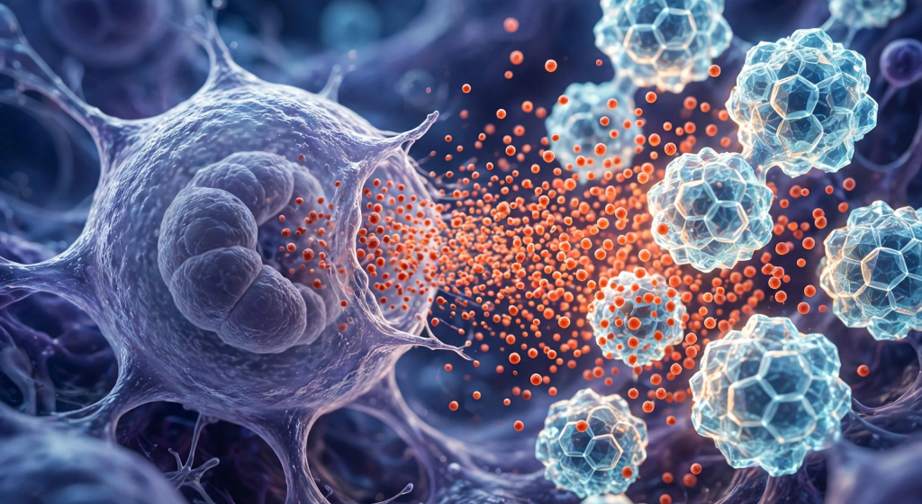 Photorealistic macro visualization of mast cell releasing reddish-orange histamine granules surrounded by glowing Vitamin C molecules