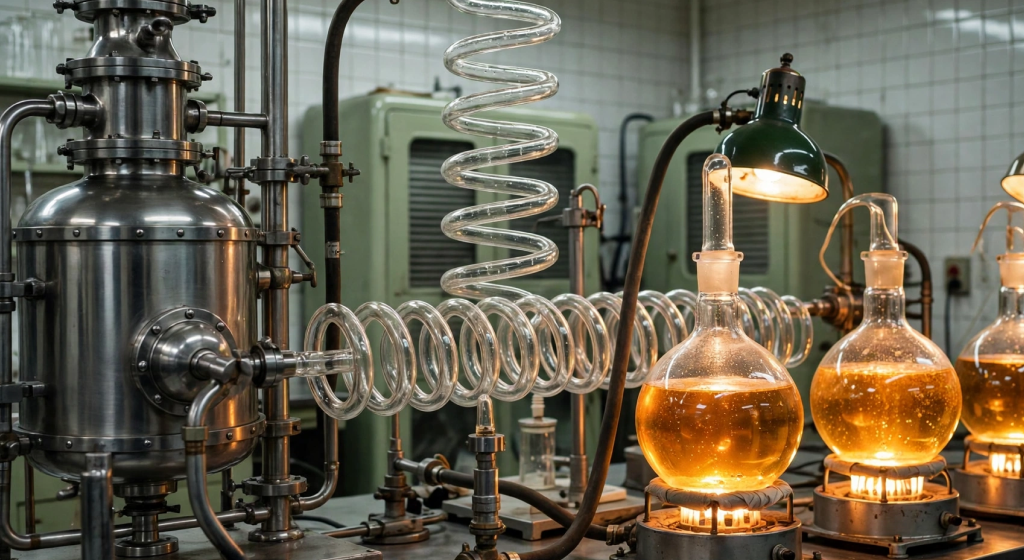 1950s pharmaceutical lab with stainless steel distillation apparatus and amber lipid compounds in flasks