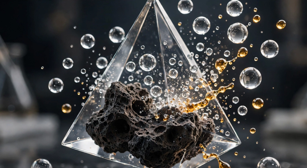 Crystal-clear spheres and golden amber droplets breaking free from dark mineral structure inside glass prism