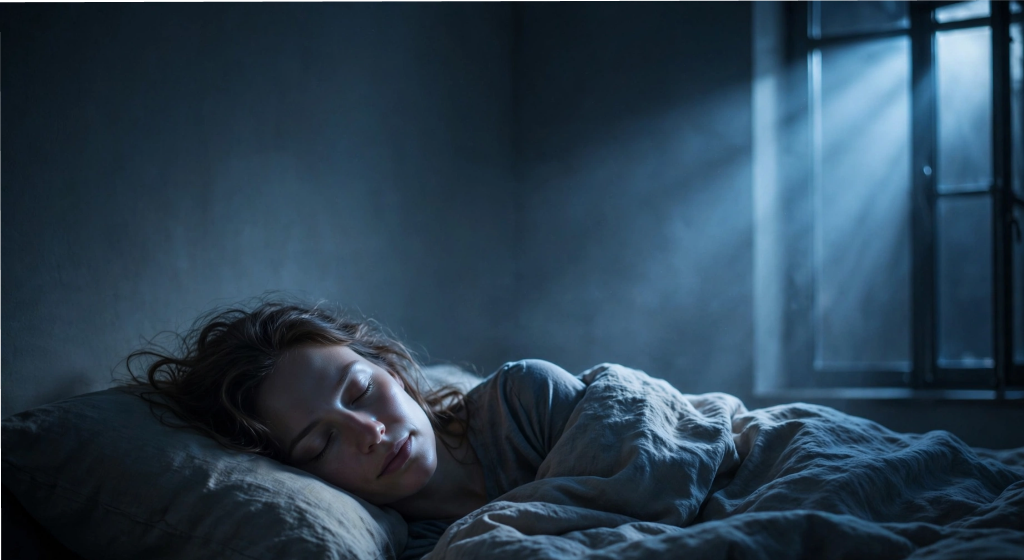 Athletic person in deep calm meditation with dramatic rim lighting in dark minimalist studio