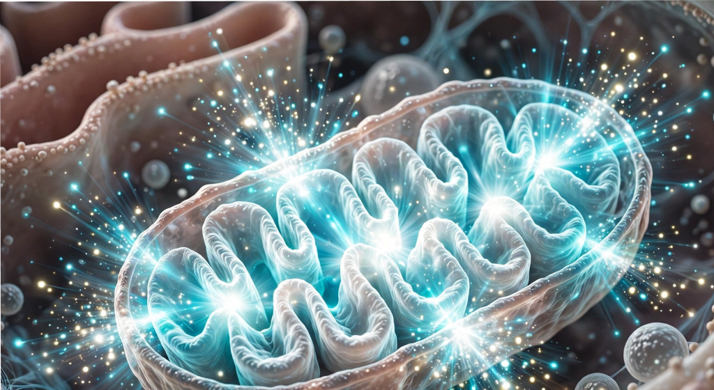 Glowing mitochondrion inside kidney cell producing bursts of cellular energy