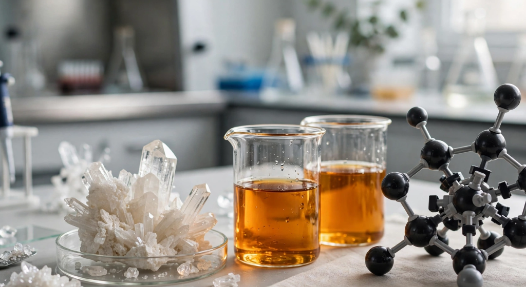 Laboratory still life comparing organic plant extract and synthetic molecular models