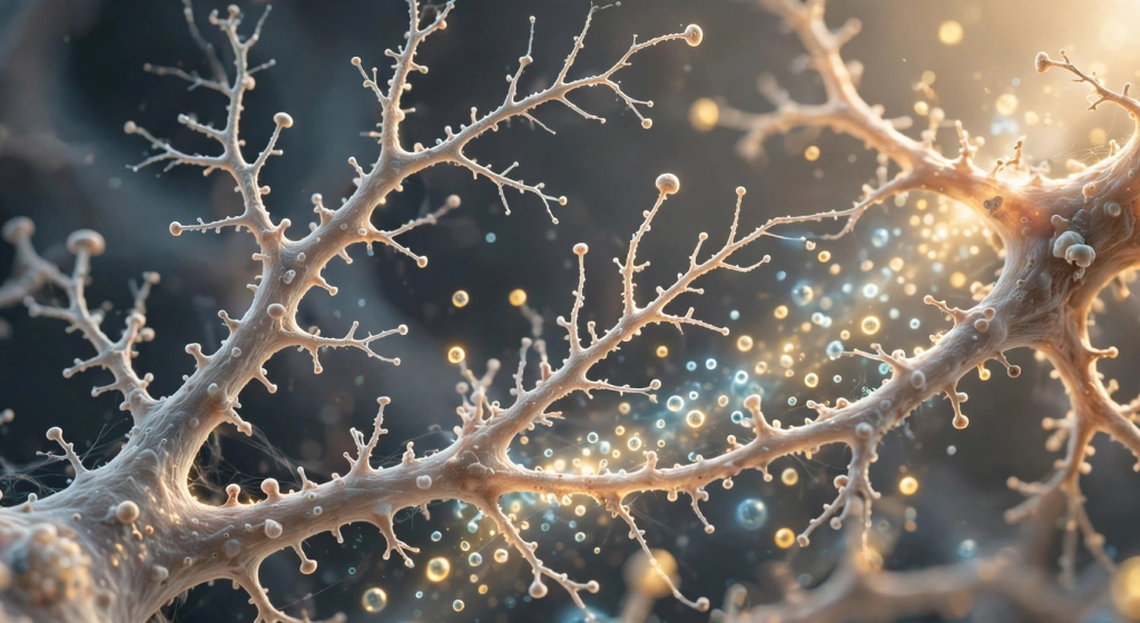 Vibrant pyramidal neurons with branching dendrites and glowing BDNF droplets diffusing across synaptic clefts