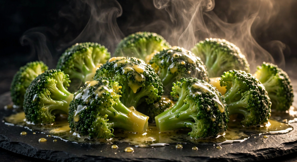 Steamed green broccoli florets glistening with melted butter on dark slate plate