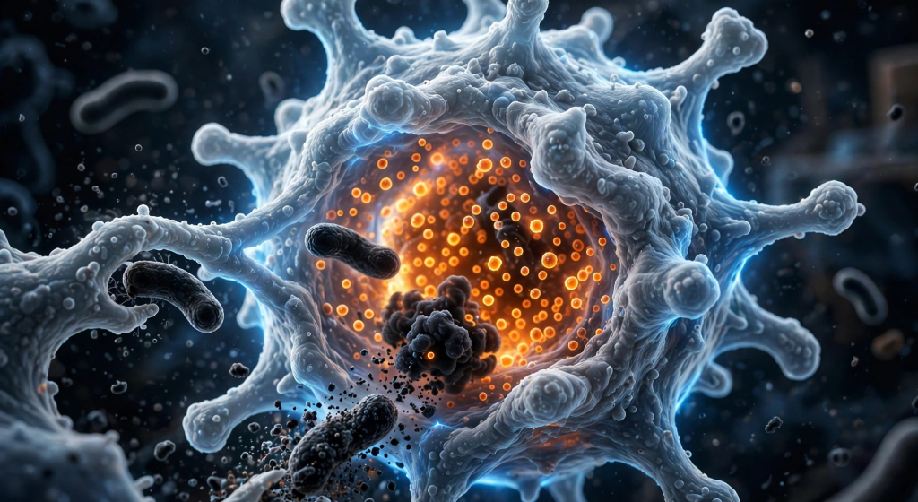 Glowing white-blue macrophage absorbing dark pathogen particles with orange micronutrients inside