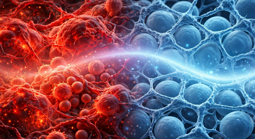 Conceptual visualization of tissue healing from inflamed red to healthy blue