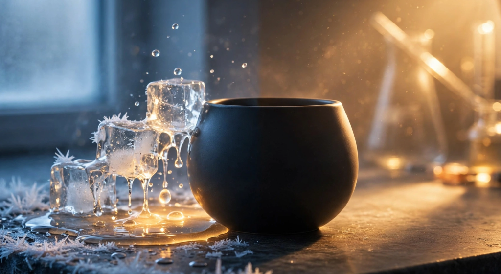 Dark ceramic vessel on lab desk with ice cubes melting between cold blue winter light and warm golden sunlight