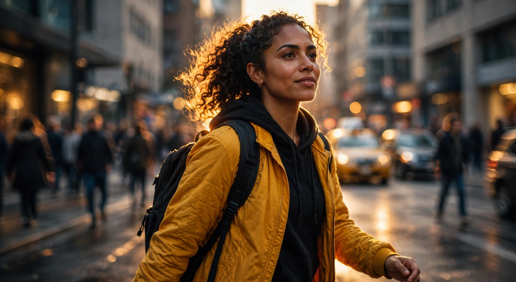 Energetic confident person walking through busy blurred modern city street in sharp focus with warm glowing rim light symbolizing resilience