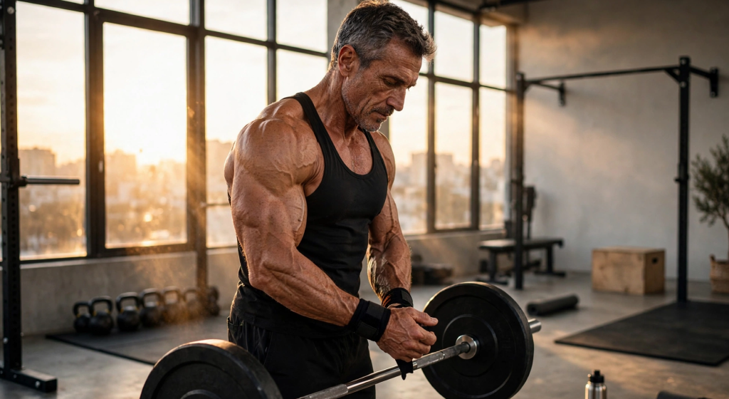 Incredibly fit 50-year-old athlete standing proudly in minimalist gym holding barbell
