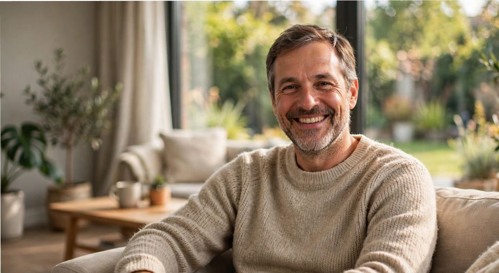 Relaxed smiling middle-aged man sitting comfortably in modern sunlit living room with ease in joints