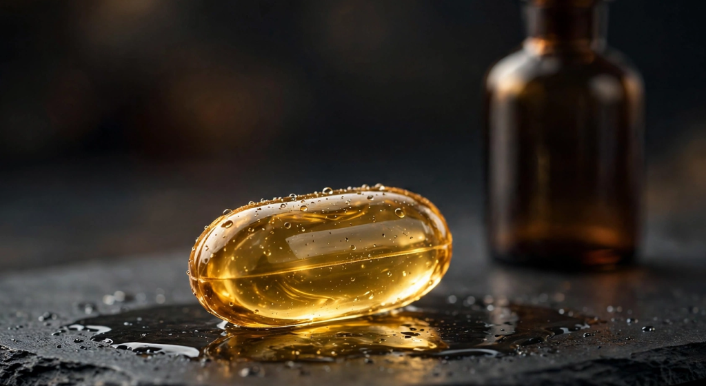 Single glowing golden translucent gel capsule on dark slate with amber bottle in background