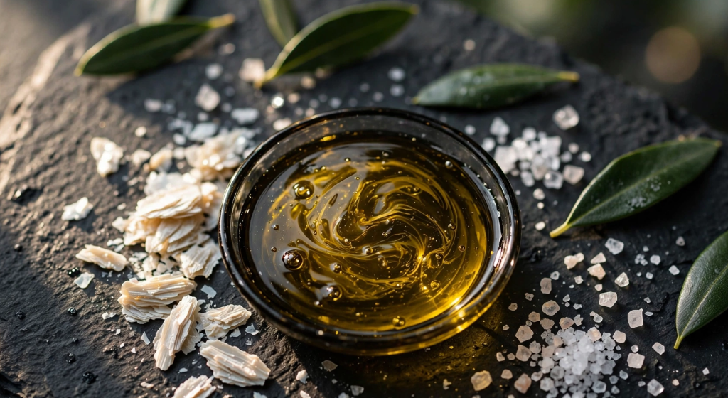 Small dark glass dish with golden olive oil surrounded by magnesium flakes, salt crystals and olive leaves on slate