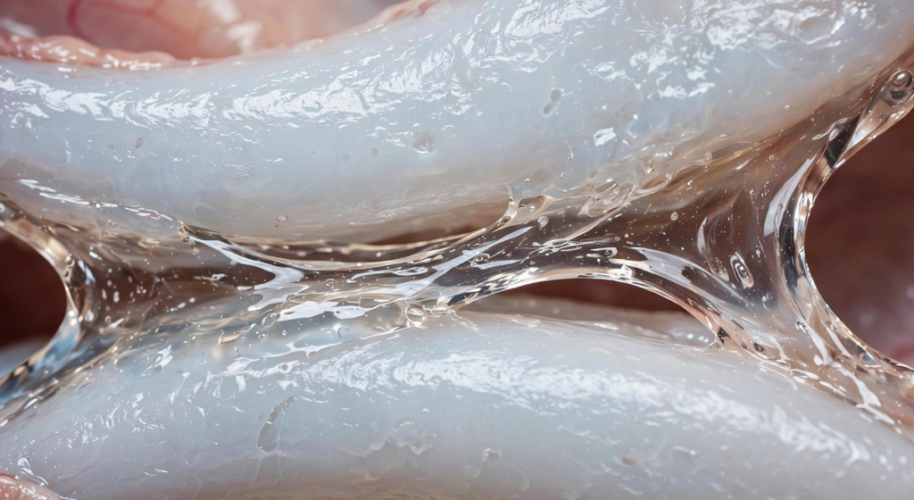 Thick clear viscous synovial fluid glistening between smooth wet cartilage surfaces of articulating bones