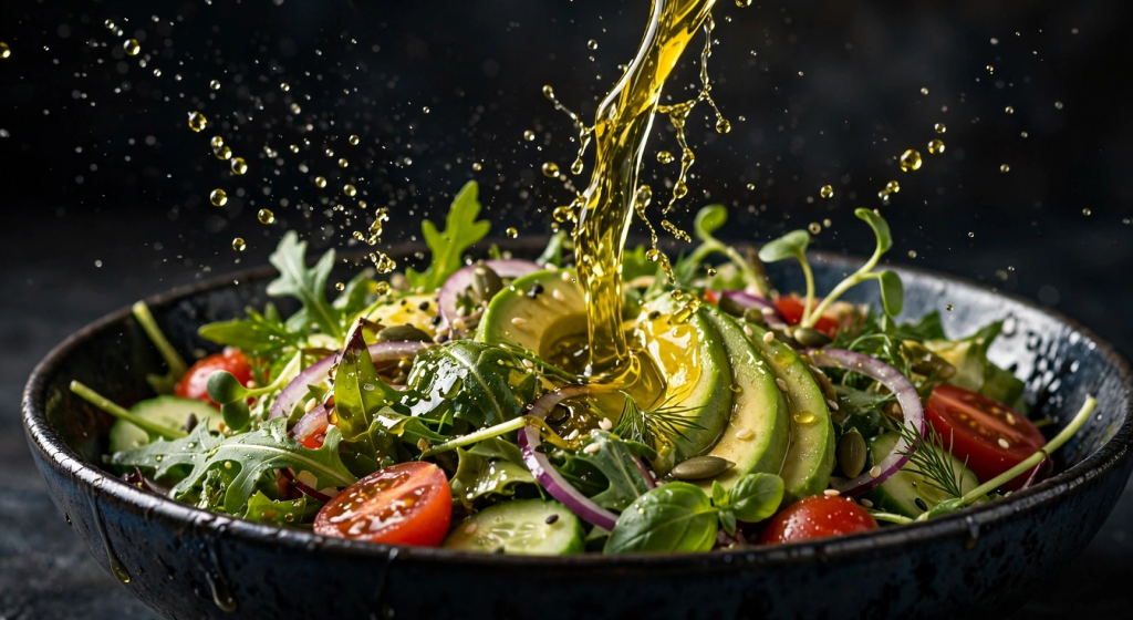 Golden cold-pressed olive oil pouring over fresh salad in dark ceramic bowl