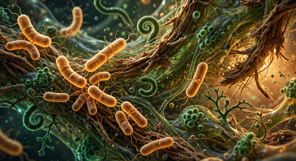 Abstract macro visualization of glowing beneficial gut bacteria with plant fibers