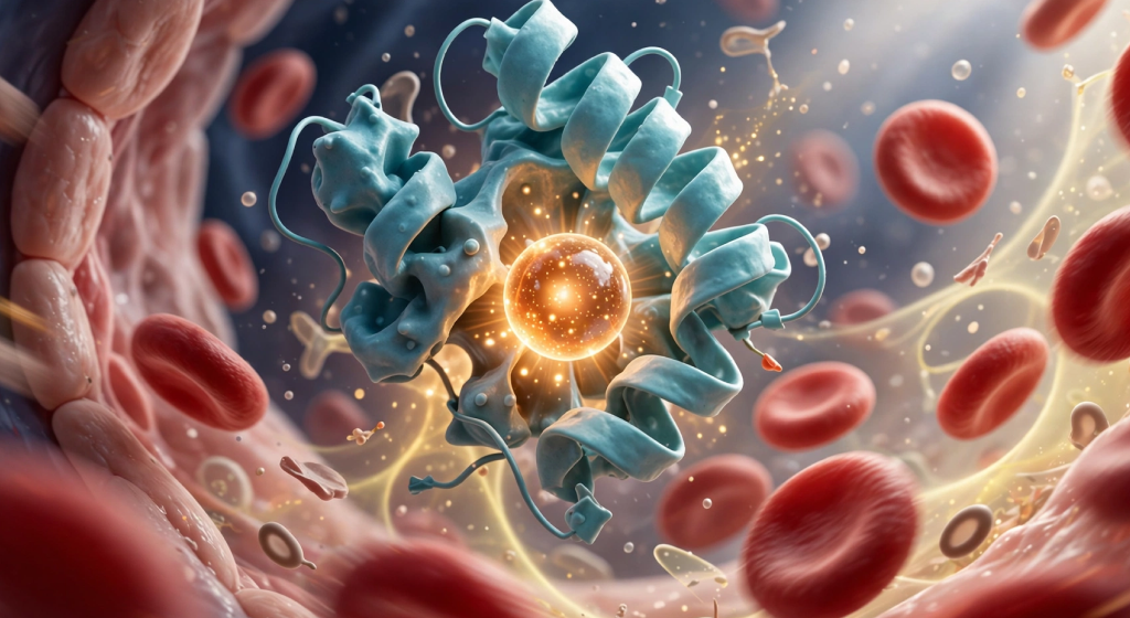 Crystalline transferrin protein cradling glowing core drifting through plasma and red blood cells