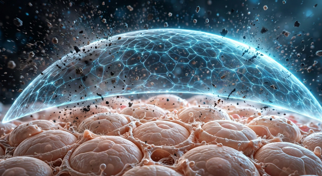 Conceptual macro image of a luminous protective barrier shield over skin cells deflecting pollution particles