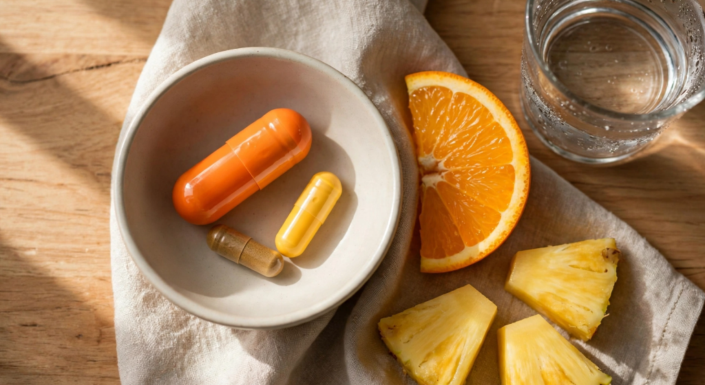 Overhead flat lay of orange Vitamin C, yellow quercetin and brown bromelain capsules in bowl with orange slice and pineapple