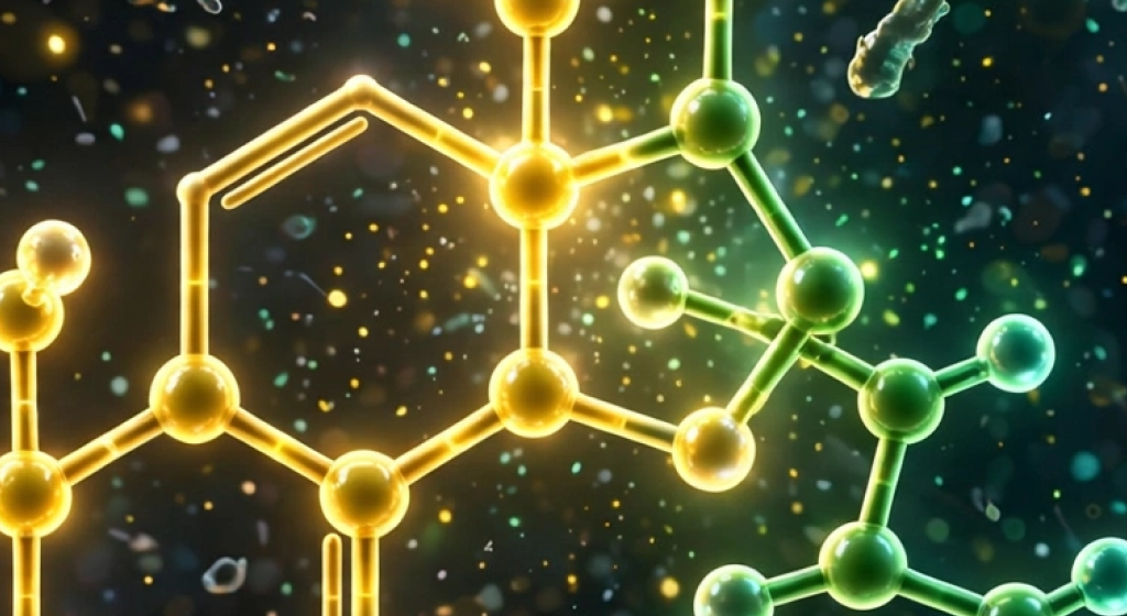 Glowing molecular structures of Vitamin D3 yellow and Vitamin K2 emerald green merging in synergy