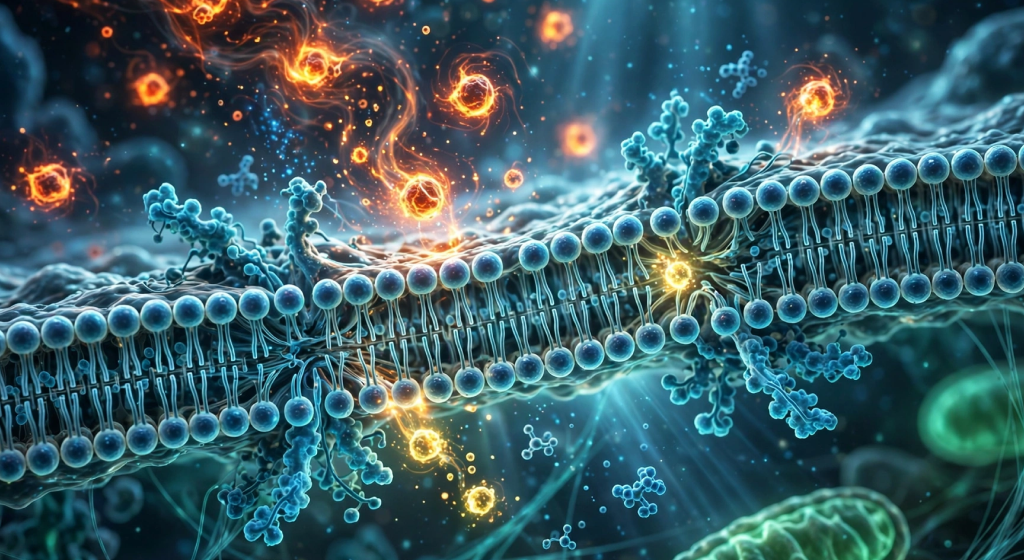 Scientific visualization of phospholipid bilayer neutralizing reactive oxygen species