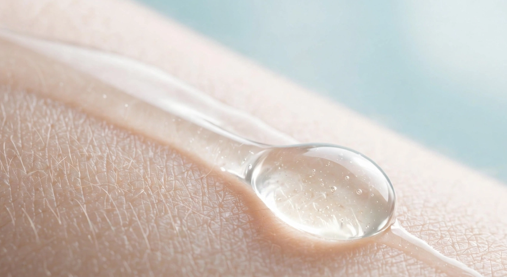 Macro view of soothing skincare oil droplet gliding over flawless skin patch