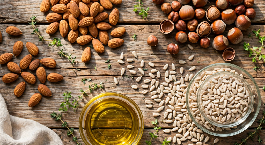 top-down flat lay of almonds sunflower seeds hazelnuts and cold-pressed oil on rustic wooden table