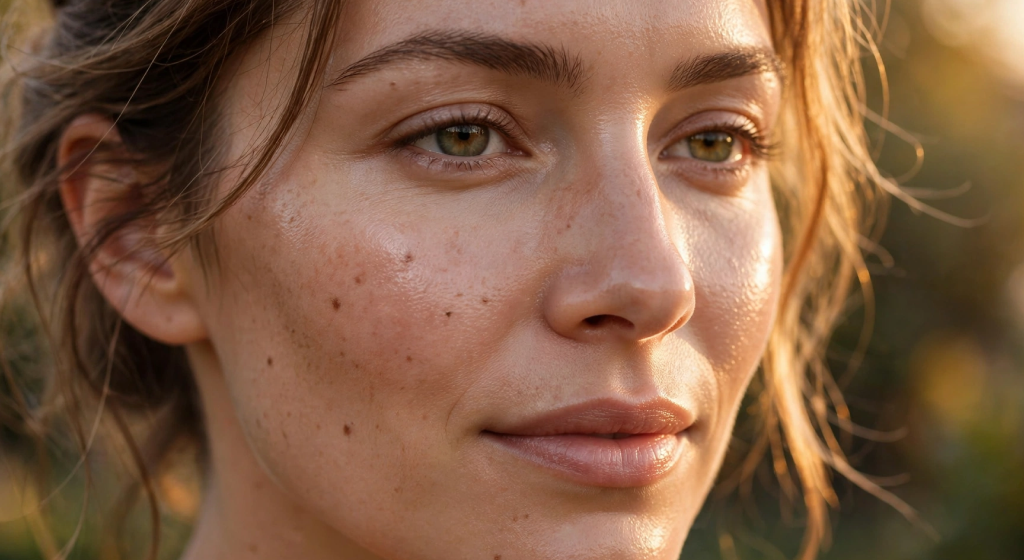 Close-up portrait of healthy glowing skin in golden hour light