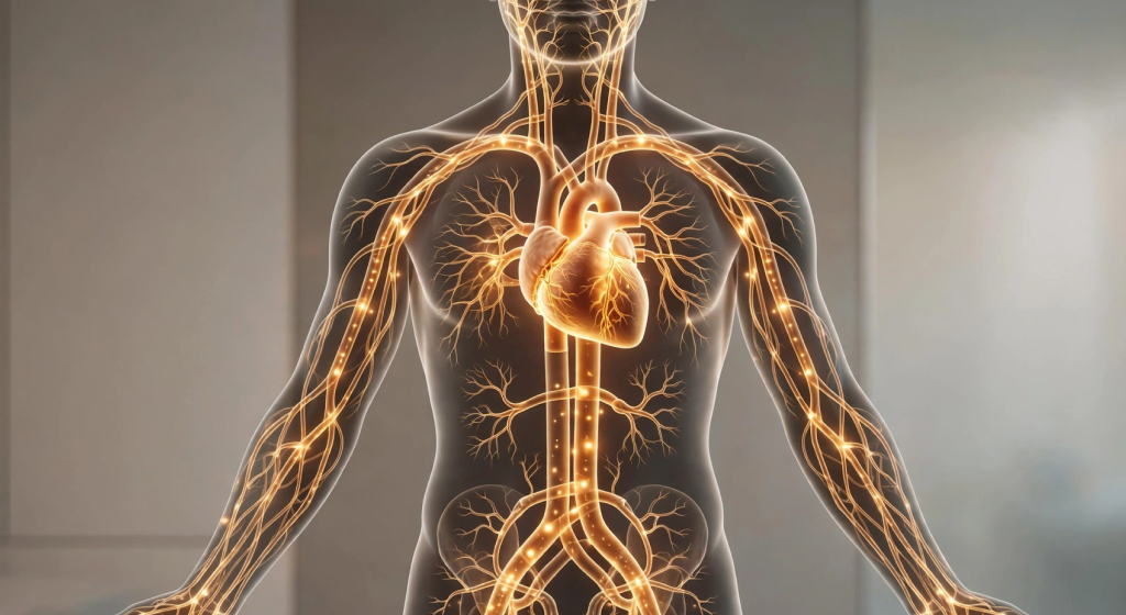 Medical concept art of healthy vascular system with amber light pulses