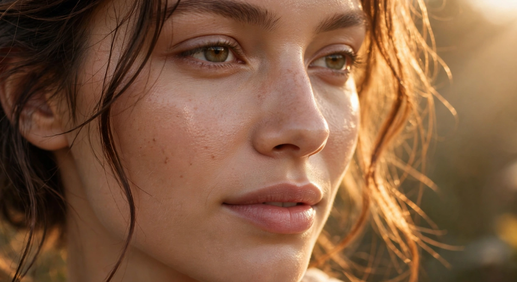 Close-up portrait of a woman with flawless, naturally radiant and dewy glowing skin