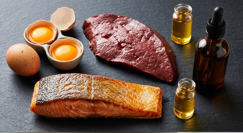 Top-down editorial food photography of raw beef liver, pasture-raised egg yolks, salmon, and cod liver oil