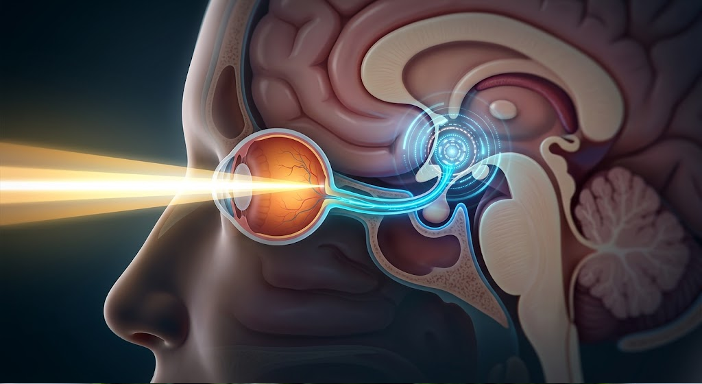 Sagittal head cutaway showing a morning light beam traveling from the retina via the optic tract to the SCN
