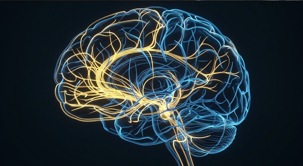 Human brain profile with dual-tone glowing tracks showing dopaminergic and serotonergic circuits