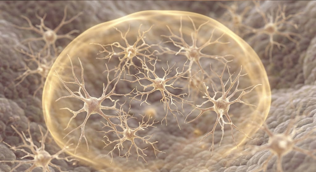 Ramified resting microglia surrounding neurons within a protective golden anti-inflammatory shield