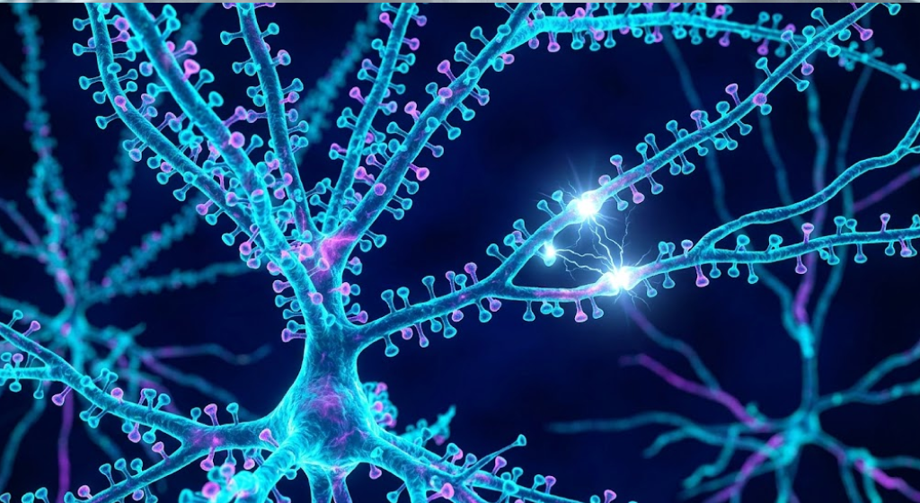 Hippocampal pyramidal neuron with mushroom-shaped dendritic spines and active synaptic transmission flash